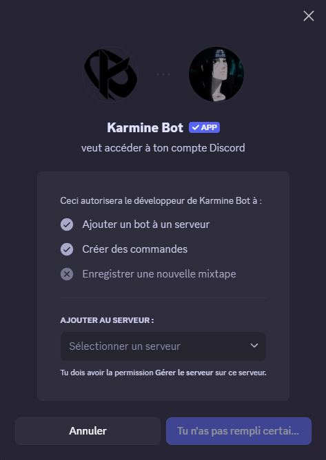 Interface d'invitation du bot Discord
